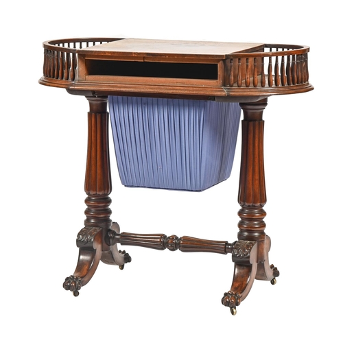 1183 - A George IV mahogany work table in the manner of Gillows, with galleried bow ends, figured lid and s... 