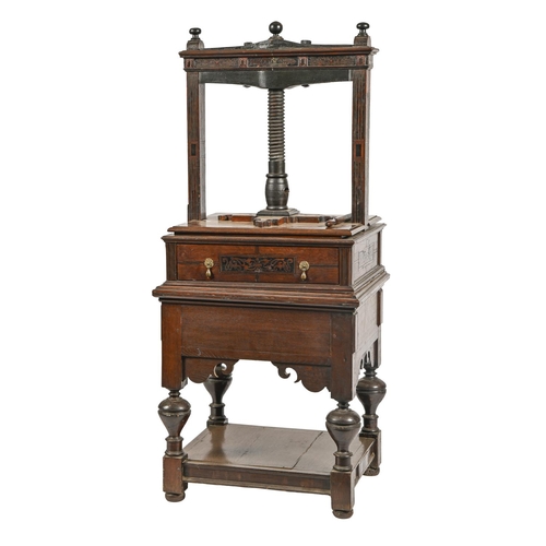 1206 - A Dutch oak, inlaid and iron book press, early 17th c,  dated ANNO 1620, on later stand with drawer,... 