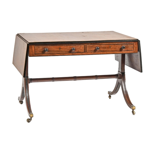 1221 - A George III mahogany and ebony line inlaid sofa table, with reeded edge and rectangular drop-leaves... 