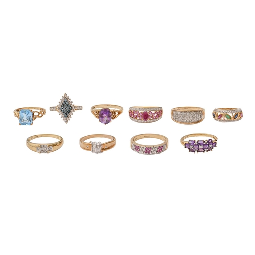 110 - Ten gold rings, variously gem set, 28g, various sizes