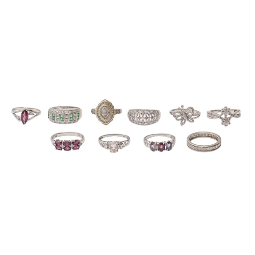 111 - Ten white gold rings, variously gem set, 32g, various sizes