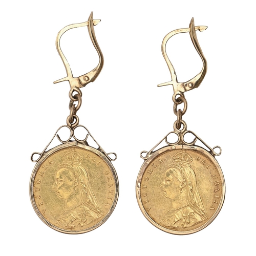 112 - Gold coins. Half sovereign 1887, mounted as gold earrings, 10g