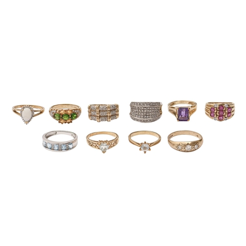 113 - Ten gold and white gold rings, variously gem set, 312g, various sizes