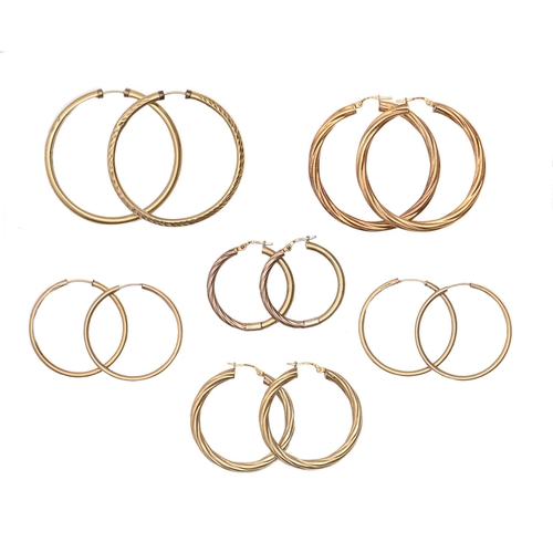 116 - Six pairs of 9ct gold hoop earrings, various sizes, 20g