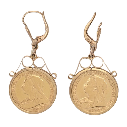 117 - Gold coins. Half sovereign 1896 and 1899, mounted as gold earrings, 10.3g