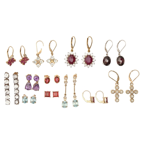 120 - Miscellaneous pairs of gold earrings, variously gem set, 40g