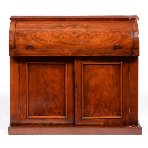 1220 - A Victorian mahogany bureau, with cylinder front and sliding interior above panelled doors, 94cm h; ... 