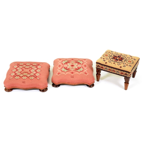 1227 - A pair of Victorian serpentine rosewood footstools, on bun feet, 37 x 37cm and another, smaller, on ... 