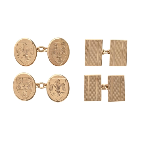 127 - Two pairs of 9ct gold cufflinks, one engraved with fleur de lis, 16 and 17mm, both Birmingham, 1924 ... 