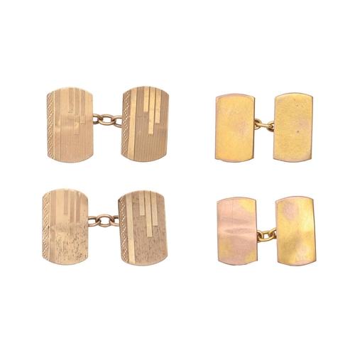 128 - Two pairs of gold cufflinks, plain or engine turned, 16 and 17mm, marked 9ct, 7.2g