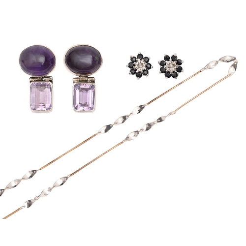 129 - A two colour gold necklet, 44cm l, marked 375, 1g and two pairs of amethyst and other gem set earrin... 