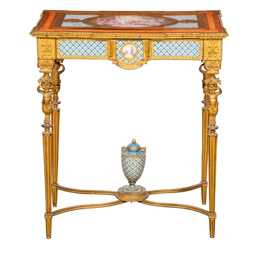 1319 - A French porcelain-inset bois de citron, palisander and ormolu table, c1900, in Louis XVI style, the... 