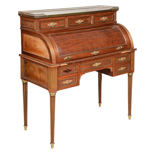 1321 - A French ormolu mounted mahogany bureau a cylindre, c1900, in Louis XVI style, the superstructure wi... 