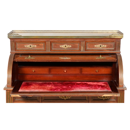 1321 - A French ormolu mounted mahogany bureau a cylindre, c1900, in Louis XVI style, the superstructure wi... 