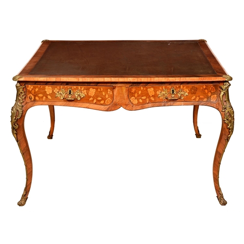 1333 - A French kingwood, tulipwood, rosewood and floral marquetry bureau plat, 19th c, in Louis XV style, ... 