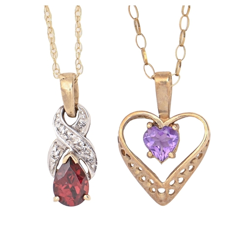 135 - A heart shaped amethyst pendant, in 9ct gold, 19mm and a garnet pendant, in gold marked 375, and two... 