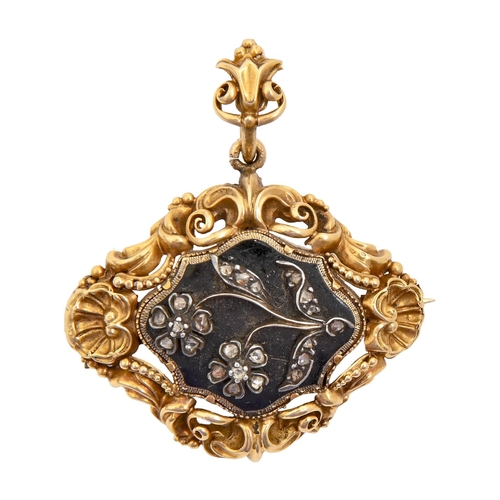 138 - A Victorian diamond and gold and black enamel mourning brooch-pendant, the reverse inset hair and en... 