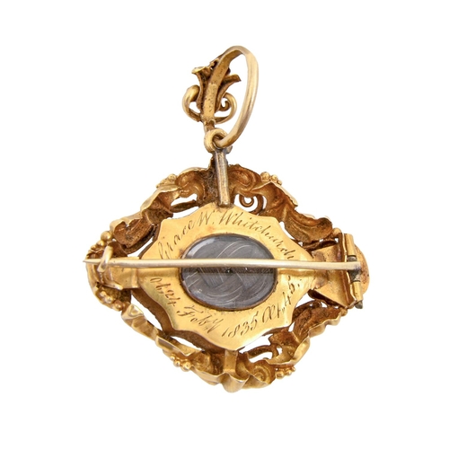 138 - A Victorian diamond and gold and black enamel mourning brooch-pendant, the reverse inset hair and en... 