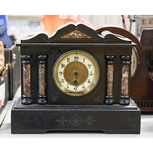 1438 - A French marble and noir belge mantel clock, of architectural form, late 19th c, 27.5cm h and a maho... 