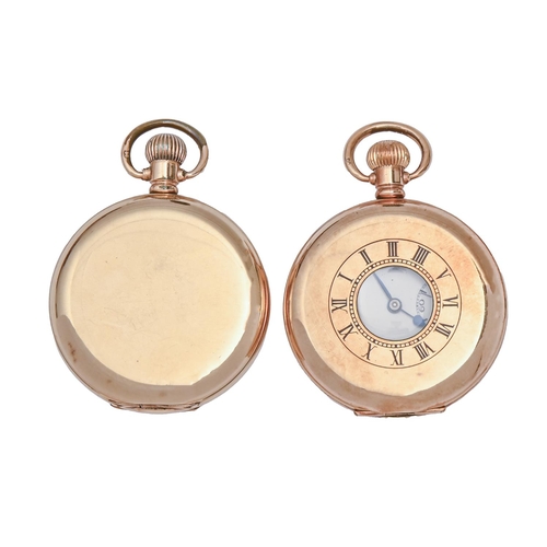 165 - Two gold-plated hunting and half hunting cased keyless lever watches, early 20th c, 50mm diam... 