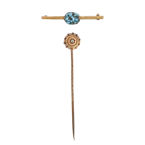 167 - A turquoise matrix bar brooch, in gold, 38mm, marked 9ct and a Victorian stickpin with diamond termi... 