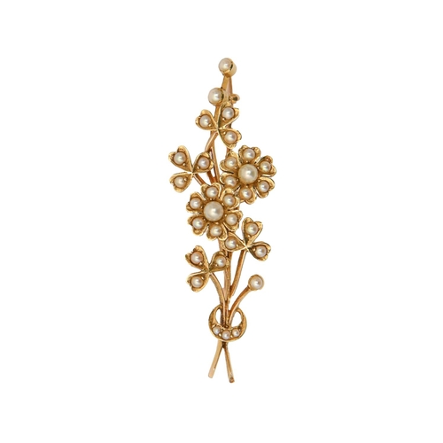 168 - A split pearl flowers-and-crescent bar brooch, early 20th c, in gold, 50mm, 5.5g