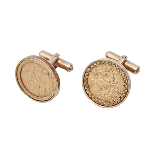 170 - Gold coins. Half sovereign 1907 and 1911, mounted in 9ct gold cufflinks, 17.8g