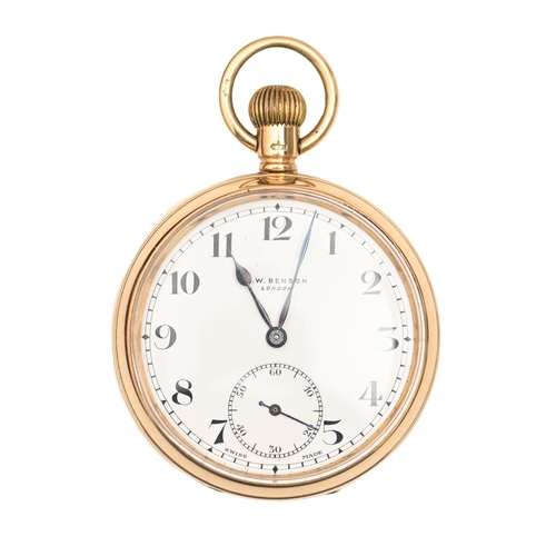 171 - A 9ct gold keyless lever watch, J W Benson London, gold cuvette and bow, 49mm diam, London 1931, 84.... 