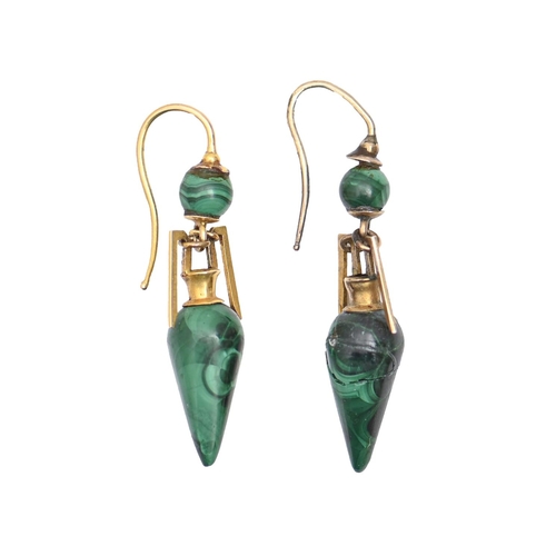 176 - A pair of Victorian Etruscan revival gold and malachite earrings,  of vase shape, wire loop, 38mm (e... 