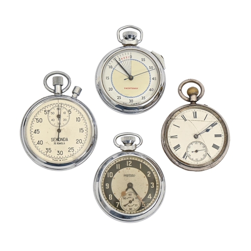 225 - A silver keyless lever watch, a plated example and two stopwatches (4)