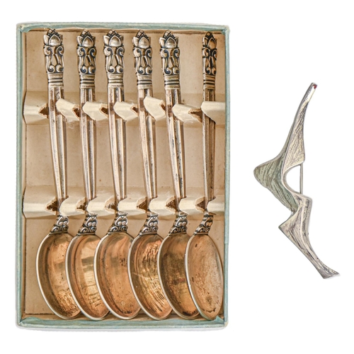 229 - Georg Jensen. A set of six silver coffee spoons, post-1945, Acorn pattern, maker's mark and a modern... 