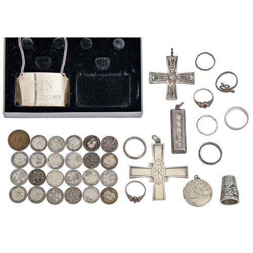 230 - Miscellaneous silver articles, to include two pectoral crosses, a bar pendant, locket, Concorde ... 