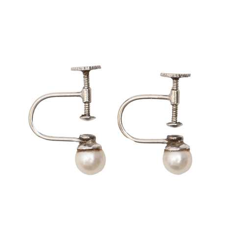 31 - A pair of cultured pearl earrings, in white gold with 5mm cultured pearl, marked 9ct, 1.6g... 