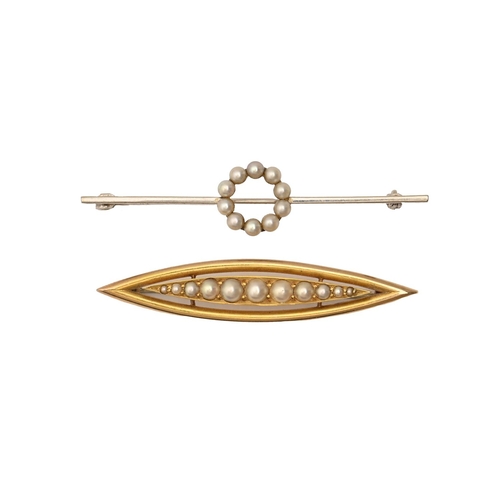 35 - A split pearl shuttle shaped brooch, c1910, in gold, 47mm, marked 15ct and a cultured pearl bar broo... 