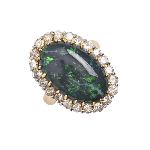 53 - A black opal and diamond cluster ring, in gold marked 18ct, 17 x 24mm, 8.9g, size L