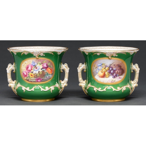 587 - A pair of Royal Worcester flower or fern pots, 1905, painted by E Phillips, signed, a basket of flow... 