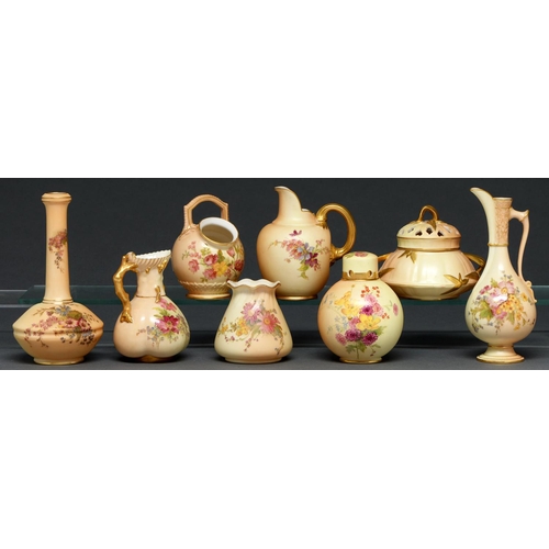 588 - Two Royal Worcester pot pourri jars and covers, two vases and a jug, c1900, similarly printed and pa... 