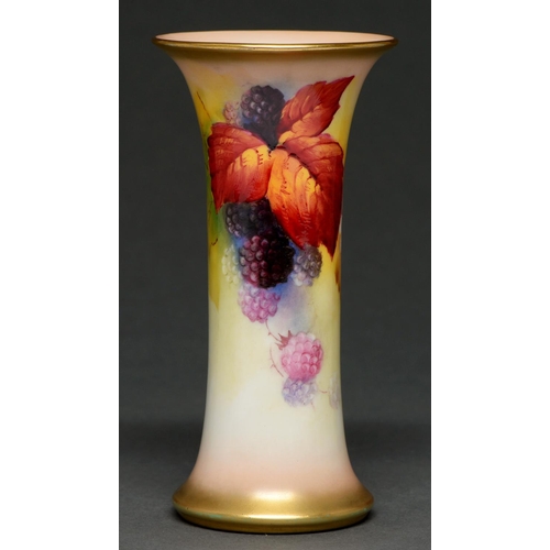 592 - A Royal Worcester spill vase, 1934, painted by K Blake, signed, with blackberries and blossom, 15.5c... 