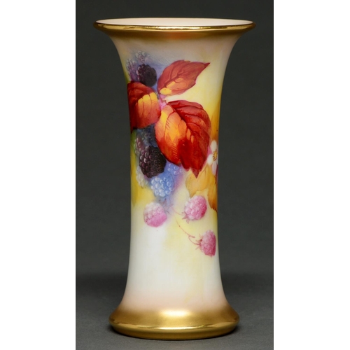 596 - A Royal Worcester spill vase, 1932, painted by K Blake, signed, with blackberries and blossom, 15.2c... 