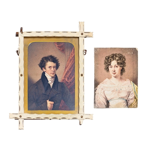 652 - English School, mid 19th c - Portrait Miniature of a Young Woman, with curly light brown hair, in pi... 