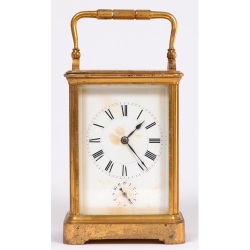 685 - A French brass carriage clock, Henri Jacot Paris, No 11996, late 19th c, with replacement escapement... 