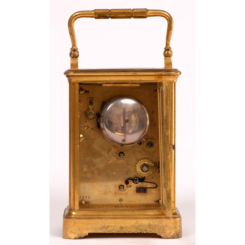 685 - A French brass carriage clock, Henri Jacot Paris, No 11996, late 19th c, with replacement escapement... 