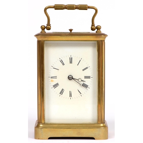 686 - A French brass carriage clock, late 19th c, with gong striking movement, the silvered platform escap... 