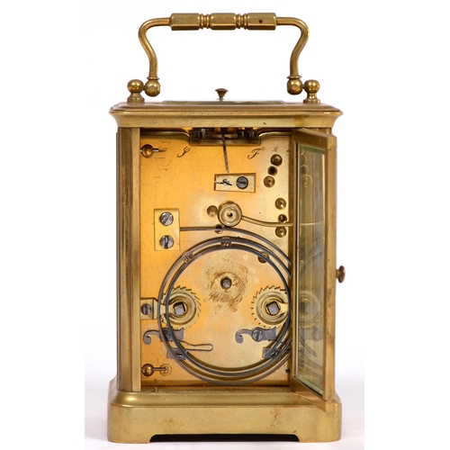 686 - A French brass carriage clock, late 19th c, with gong striking movement, the silvered platform escap... 