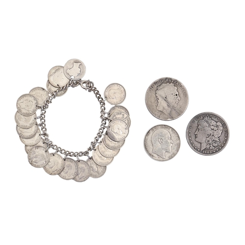 694 - Silver coins. Crown, George III USA dollar 1903, half crown 1909 and a coin bracelet... 