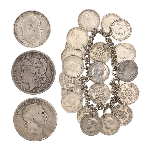 694 - Silver coins. Crown, George III USA dollar 1903, half crown 1909 and a coin bracelet... 