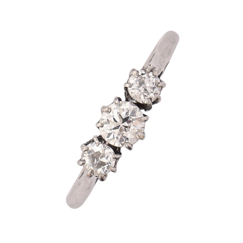 70 - A three stone diamond ring, with old cut diamonds, in platinum, 2g, size Q