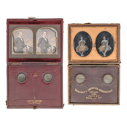 708 - Victorian photography. Two folding stereoscopes, c1853, one of maroon morocco designed by W E Kilbur... 