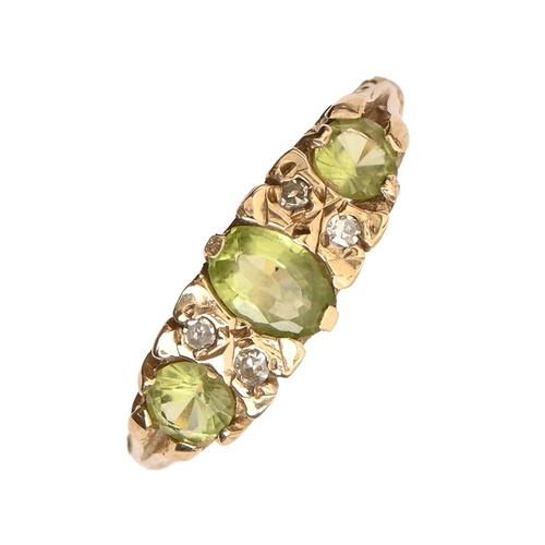 72 - A citrine and split pearl cluster ring, in gold marked 9ct and a peridot and white stone ring in 9ct... 