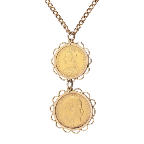 73 - Gold coins. Sovereign 1910 and Half sovereign 1887, gold mounts, suspended from a gold necklace mark... 